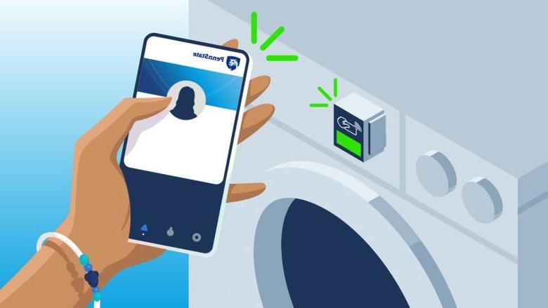 Vector image of student using mobile id+ card to pay laundry machine